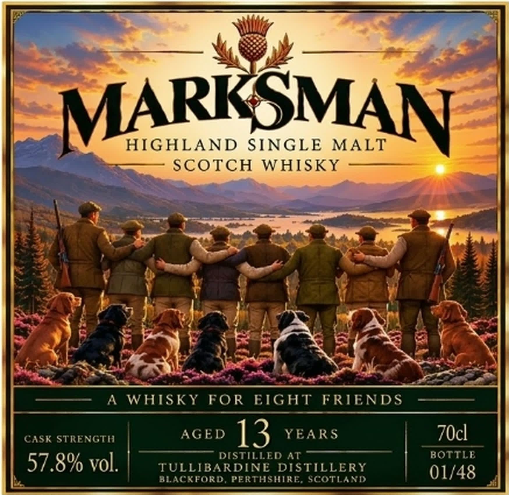 Marksman Whisky Front Label - 8 Friends with Dogs at Sunset